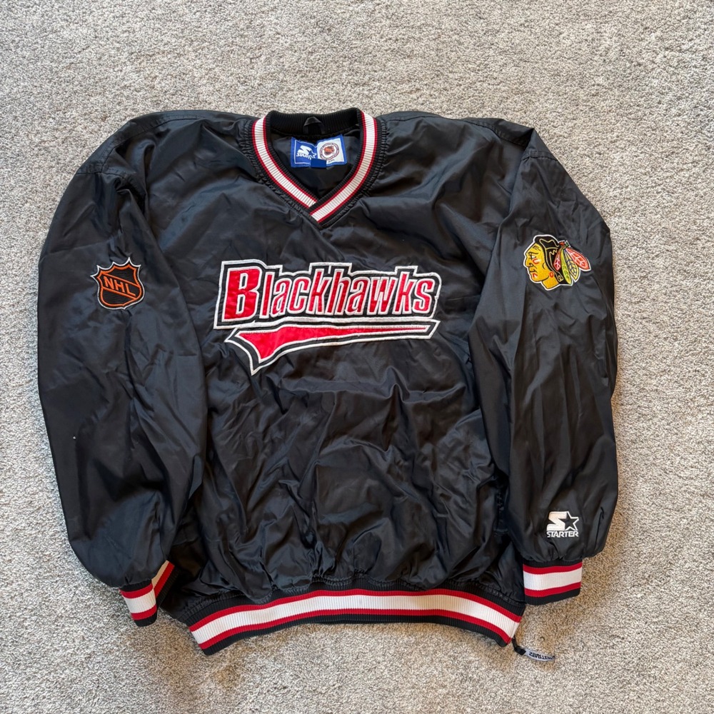 Vintage Starter NHL Chicago Blackhawks V-Neck Pullover Windbreaker XXL Black